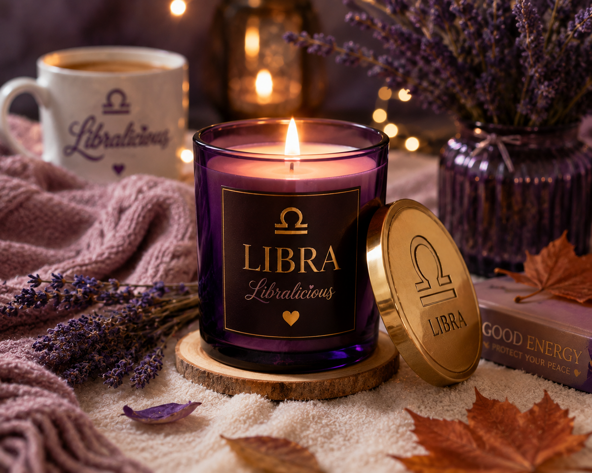 Luxurious Lavender Libralicious Candle in purple glass jar with gold Libra engraved lid