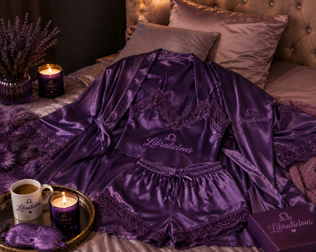 Libralicious Sweet Dreams 3-Piece Silk & Lace Pajama Set in royal purple satin with lace trim