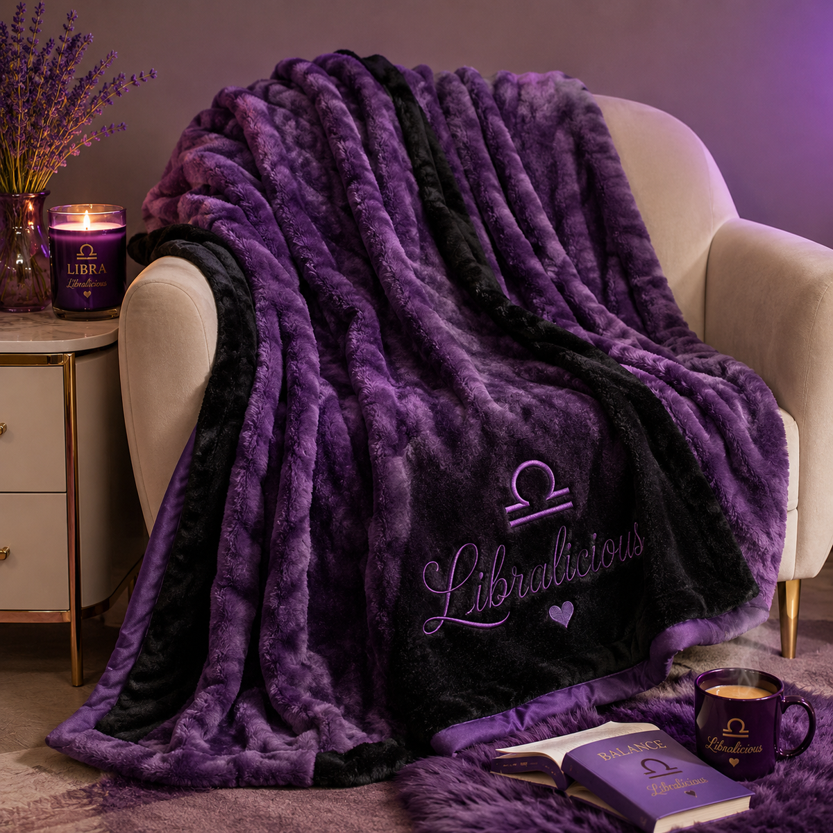 Libralicious Lush & Plush Throw Blanket in deep purple and black with Libra embroidery draped over a chair