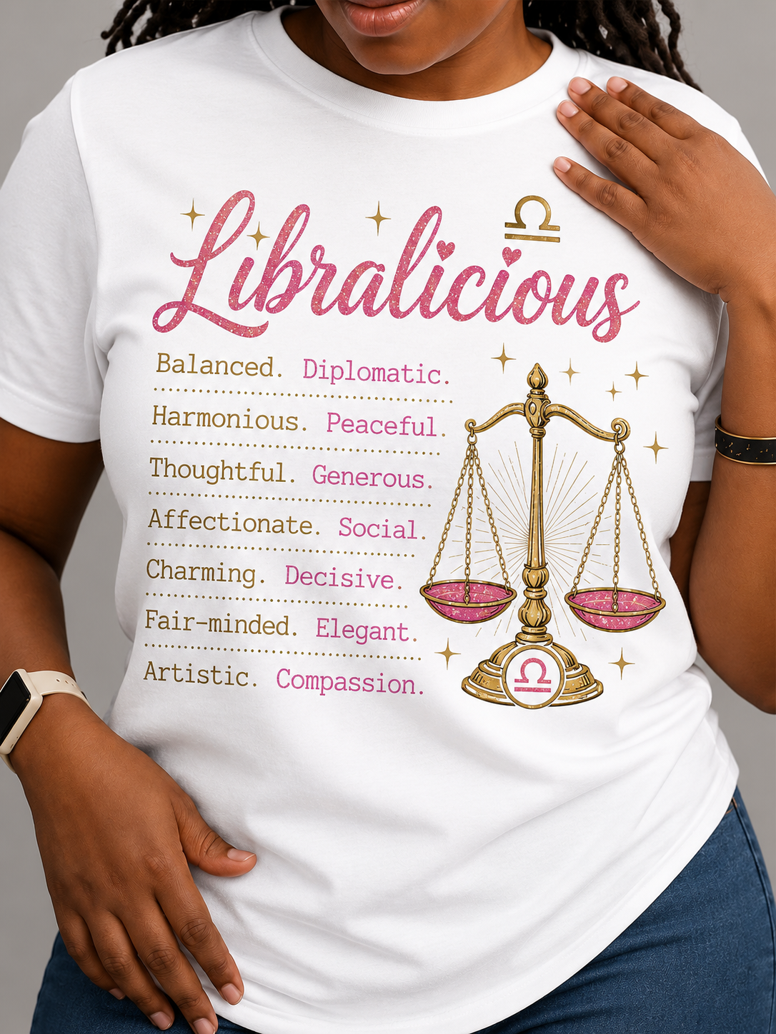 Libralicious Affirmation Tee - white tee with pink Libralicious script and gold Libra scales graphic