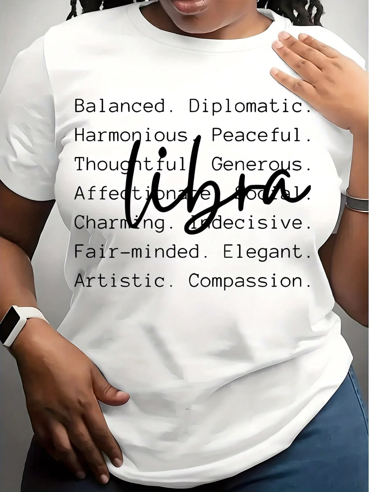 Libra Balanced Tee - white tee with black Libra script overlaid on Libra trait typography